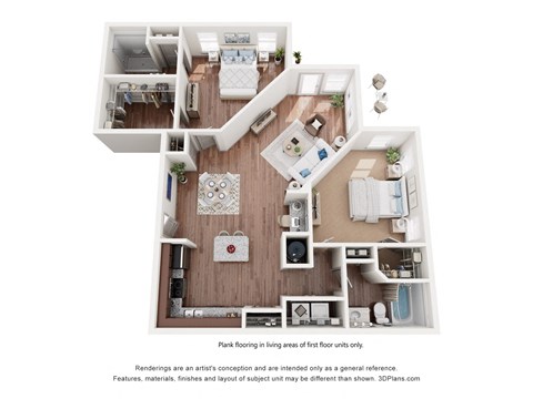 A 3D floor plan of a three-bedroom apartment with a kitchen, living room, and bathroom in Destin FL